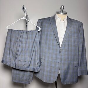 Collection by Michael Strahan Suit Mens 54R 50x28 Blue Gray Plaid Wool Blend